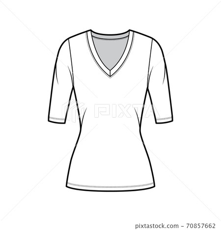 Deep V-neck jersey sweater technical fashion illustration with elbow sleeves, close-fitting shape, tunic length.  70857662