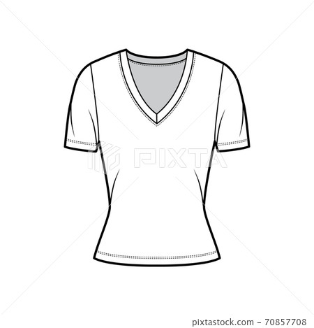 Deep V-neck jersey t-shirt technical fashion illustration with short sleeves, close-fitting shape. Deep V-neck jersey t-shirt technical fashion illustration with short sleeves, close-fitting shape. 70857708