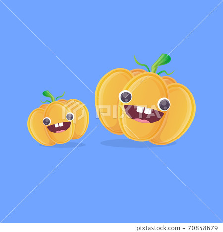vector funny cartoon pumpkin character isolated on blue background. funky smiling cute autumn vegetable character. Halloween cartoon smiling pumpkin 70858679