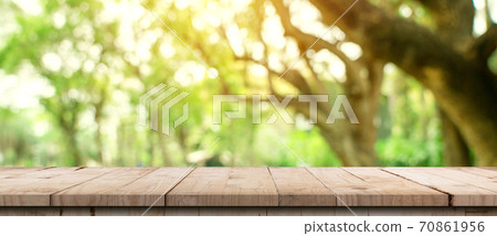 Empty wood table and defocused bokeh and blur background of garden trees with sunlight. product display template. 70861956