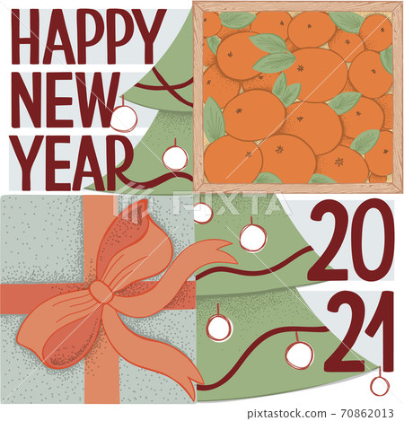 Happy New Year Greeting Card. Square vector illustration. Wood box with mandarin, gift box with bright orange bow, Christmas tree and hand drawn lettering Happy New Year Greeting Card. Square vector illustration. Wood box with mandarin, gift box with bright orange bow, Christmas tree and hand drawn lettering 70862013
