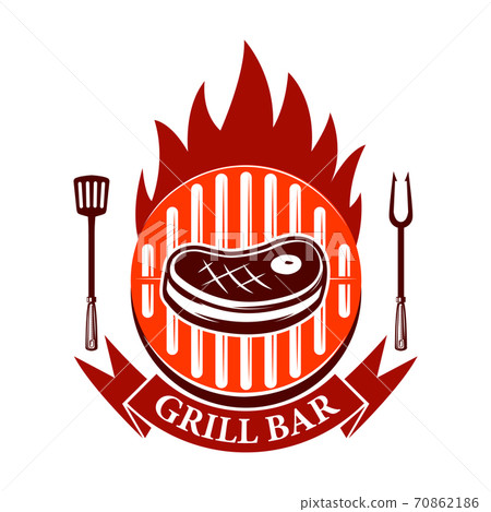 Grill bar. Emblem template with roasted meat and forks. Design element for logo, label, sign. Grill bar. Emblem template with roasted meat and forks. Design element for logo, label, sign. 70862186