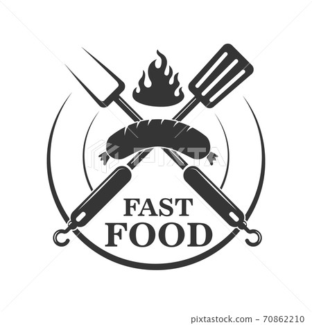 Fast food cafe emblem template. Crossed fork and kitchen spatula with sausage. Design element for logo, label,sign. Fast food cafe emblem template. Crossed fork and kitchen spatula with sausage. Design element for logo, label,sign. 70862210