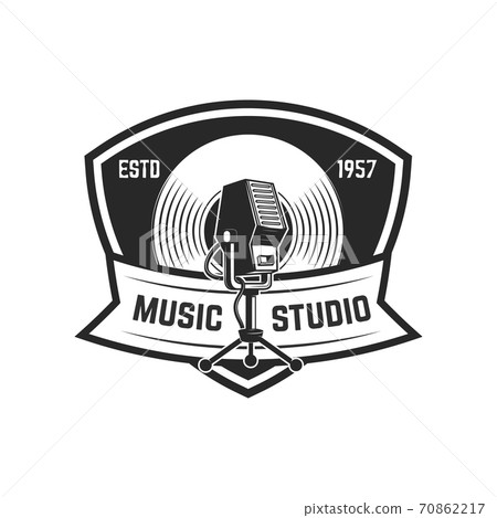Emblem template with retro microphone. Design element for logo, label, sign. 70862217
