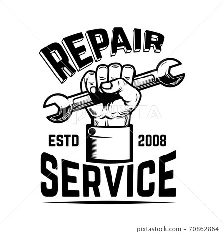 Repair service. Human hand with wrench. Design element for logo, label, emblem, sign. 70862864