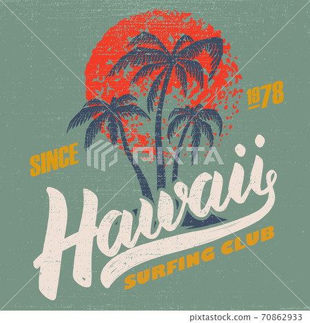 Hawaii surfing club. Poster template with lettering and palms. Hawaii surfing club. Poster template with lettering and palms. 70862933