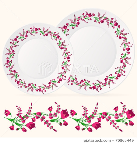 Repeating pattern of red flowers on a white plate. Repeating pattern of red flowers on a white plate. 70863449