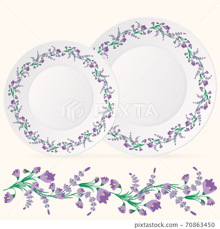 Repeating pattern of purple flowers on a white plate. Repeating pattern of purple flowers on a white plate. 70863450