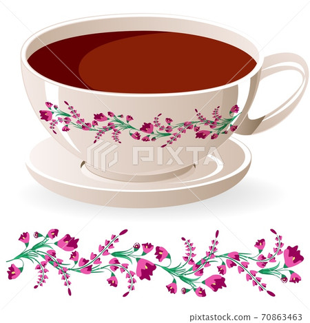 Bright ornament of pink flowers on a white cup. Vector, EPS 10. Bright ornament of pink flowers on a white cup. Vector, EPS 10. 70863463
