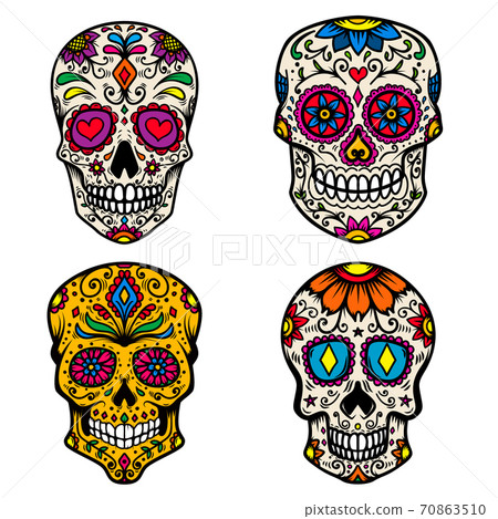 Set Of Illustration Of Mexican Sugar Skull. Design Element For