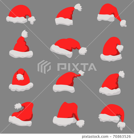 Set of Santa Claus hats Christmas theme. Design element or poster, greeting card, banner, flyer, decoration. Set of Santa Claus hats Christmas theme. Design element or poster, greeting card, banner, flyer, decoration. 70863526