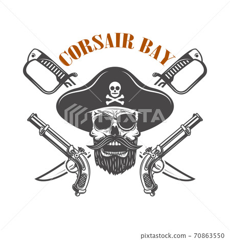 Corsair bay. Emblem with pirate skull and weapon. Design element for logo, label, sign. Corsair bay. Emblem with pirate skull and weapon. Design element for logo, label, sign. 70863550