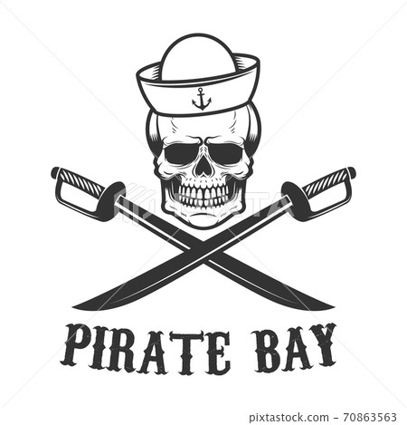 Pirate bay. Corsair skull with crossed sabers. Design element for logo, label, emblem, sign, t shirt. 70863563