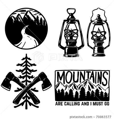 set of hiking icons. Kerosene lamp, axe, emblems with mountains. Design element for logo, label, sign, poster, menu. set of hiking icons. Kerosene lamp, axe, emblems with mountains. Design element for logo, label, sign, poster, menu. 70863577