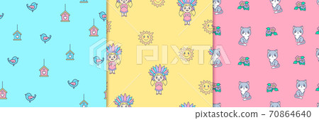 Kids summer sketches seamless pattern. Blue bird with pink birdhouse with heart Indian girl. 70864640