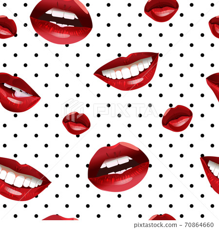Womens painted lips seamless pattern. Red kiss with dazzling white teeth female romantic makeup. 70864660