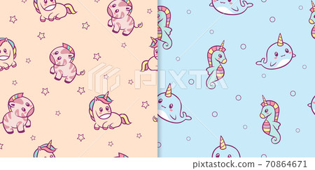 Kawaii anime animals seamless pattern. Cute zebras with red spots and rainbow mane small pink funny unicorn. Kawaii anime animals seamless pattern. Cute zebras with red spots and rainbow mane small pink funny unicorn. 70864671