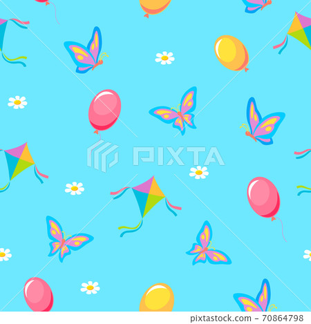 Summer kids vacation seamless pattern. Red balloon flying purple butterflies with yellow tint airy toy kite. 70864798
