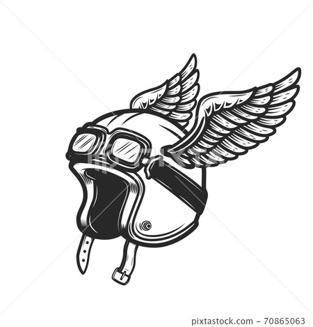 Winged racer helmet on white background. Design element for logo, label, emblem, sign. Winged racer helmet on white background. Design element for logo, label, emblem, sign. 70865063