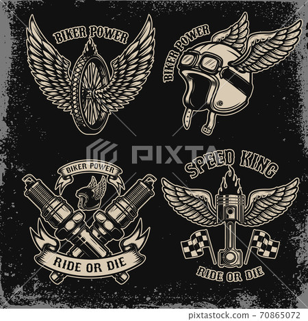 Set of vintage biker motorcycle emblems on dark background. For logo, label, sign, prints. Set of vintage biker motorcycle emblems on dark background. For logo, label, sign, prints. 70865072