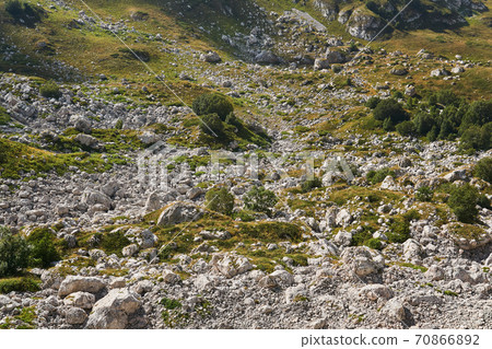 view of a mountain valley with alpine meadows and fields of limestone boulders view of a mountain valley with alpine meadows and fields of limestone boulders 70866892
