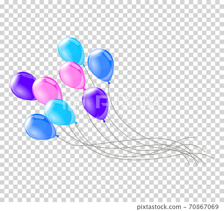 Helium balloons. Bunch or group of colorful helium balloons isolated on transparent background. Party realistic flying balloon set. Vector cololor design element Helium balloons. Bunch or group of colorful helium balloons isolated on transparent background. Party realistic flying balloon set. Vector cololor design element 70867069