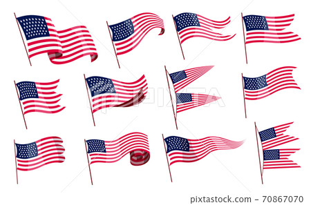 Waving flags. Set of american flags on white background. National flags waving symbols. Banner design elements 70867070