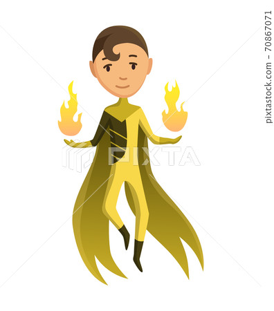 Cartoon superhero kid character. Joyful kid wearing super hero costume with comic cloak for brave recreation. Isolated on white background 70867071