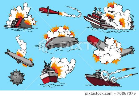 Comic book warships set. Collection of ships that launch missiles or explode. Military action. Pop art concept icons for comic book page or app decoration 70867079