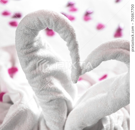 Two towel swans on the bed Two towel swans on the bed 70867700