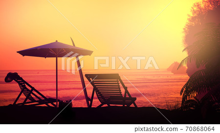 Bright sunset on an empty tropical beach. Bright sunset on an empty tropical beach. 70868064