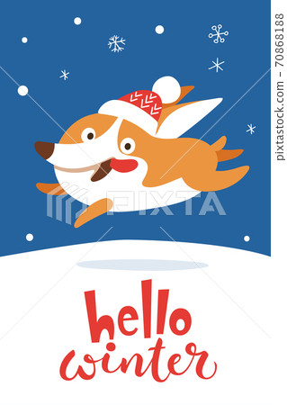 Christmas card with cute cartoon corgi puppy and Hello winter text 70868188
