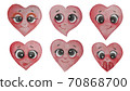 A set of red hearts faces with big eyes. Emotions - sad, joyful, funny, suspicious, smiling faces. Watercolor. Hand drawing 70868700
