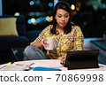 Latin American Woman Working from Home At Night 70869998