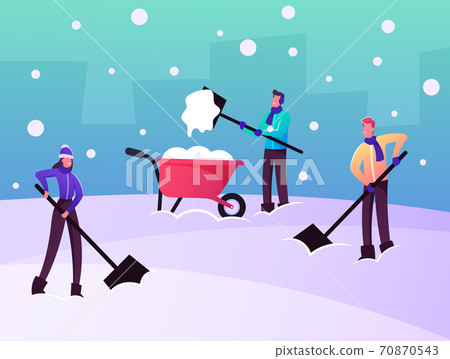 Snow and Ice Removal after Blizzard Concept. Cheerful Characters Remove Snowdrifts with Shovels from Ground Clean Snow Snow and Ice Removal after Blizzard Concept. Cheerful Characters Remove Snowdrifts with Shovels from Ground Clean Snow 70870543