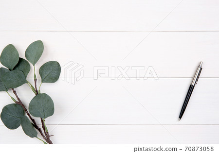 Leaf and pen on wooden table, composition with top view. 70873058