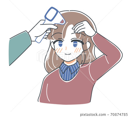 矢量·有溫度測量值的姐姐的插圖·入口處測量熱量·非接觸式溫度計·微笑 70874785