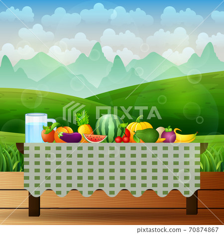Fresh fruits on table in the middle of nature background Fresh fruits on table in the middle of nature background 70874867