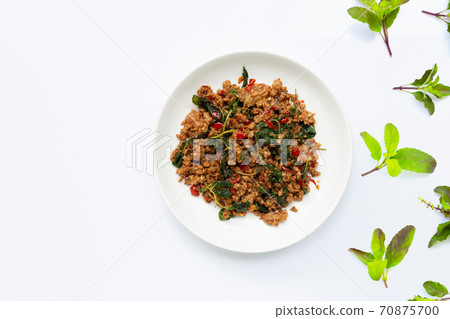 Thai food. Stir fried minced pork with basil Stock Photo