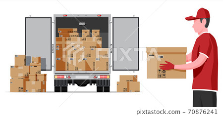 Truck trailer loaded with cardboard boxes. 70876241
