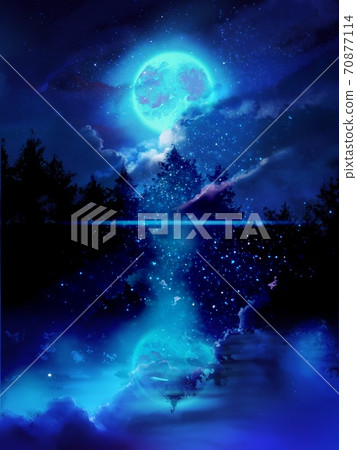 Full moon, starry sky and floating clouds reflected in Scandinavian lakes Full moon, starry sky and floating clouds reflected in Scandinavian lakes 70877114