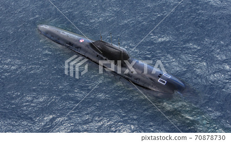 Military naval submarine on sea surface 70878730