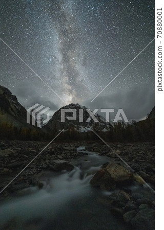 Karatash Mountain, Aktru River and Milky Way at Night. Kurai District, Altai Mountains, Siberia 70880001