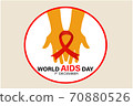 World AIDS day on December 1st Red Ribbon on the hands, the fight against AIDS sign 70880526