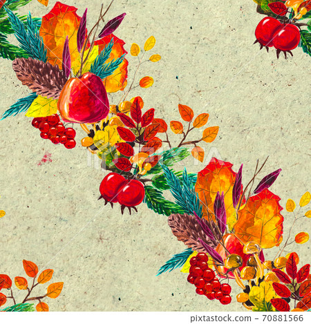 Autumn watercolor hand drawn seamless pattern with leaves mushrooms and pine cones 70881566