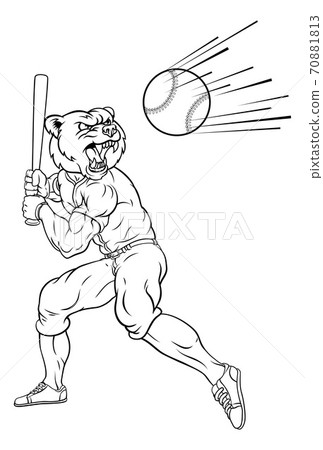 Bear Baseball Player Mascot Swinging Bat at Ball Bear Baseball Player Mascot Swinging Bat at Ball 70881813