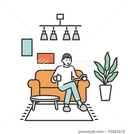 Illustration material of a man relaxing while reading in the living room of the house 70881818