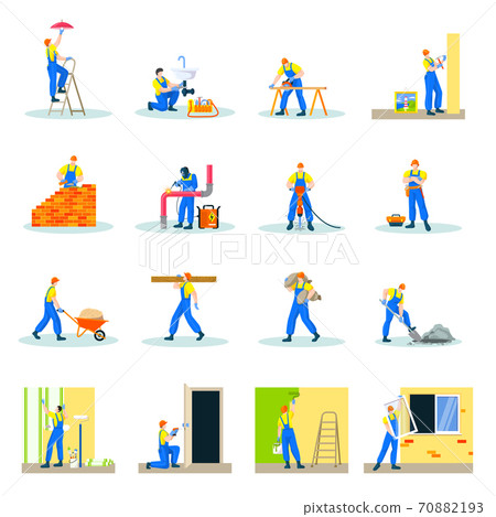 Home repair workers doing maintenance, industrial contractors work people set isolated on white vector illustration. Professional building. Home repair workers doing maintenance, industrial contractors work people set isolated on white vector illustration. Professional building. 70882193
