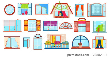 Set of windows with windowsills, curtains, flowers, balconies flat style vector illustration isolated on white. House windows with glass, framed. Set of windows with windowsills, curtains, flowers, balconies flat style vector illustration isolated on white. House windows with glass, framed. 70882195