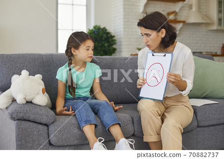 Private child psychologist having therapy session with frustrated little kid at home Private child psychologist having therapy session with frustrated little kid at home 70882737
